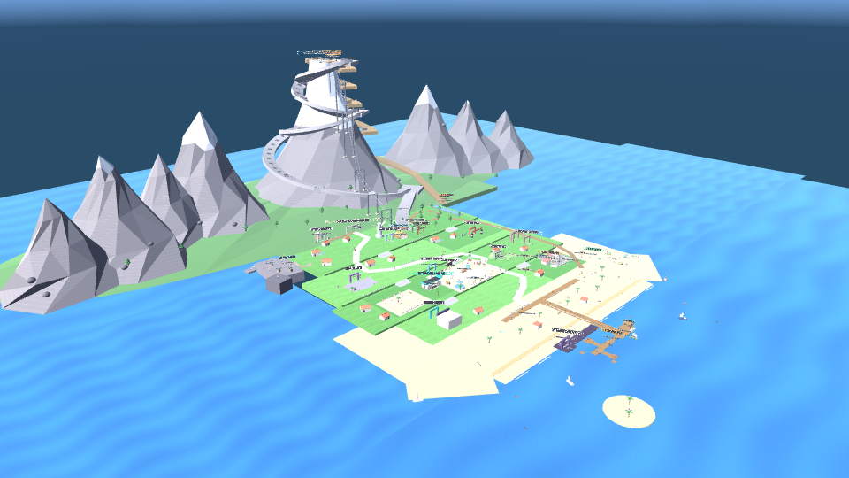 The resort island from the air, the first frame of a slow orbiting turn around it.