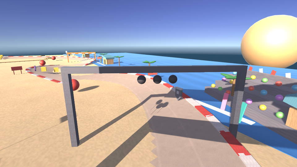 A coastal race course at sunset, the first frame of a single lap along the shore.