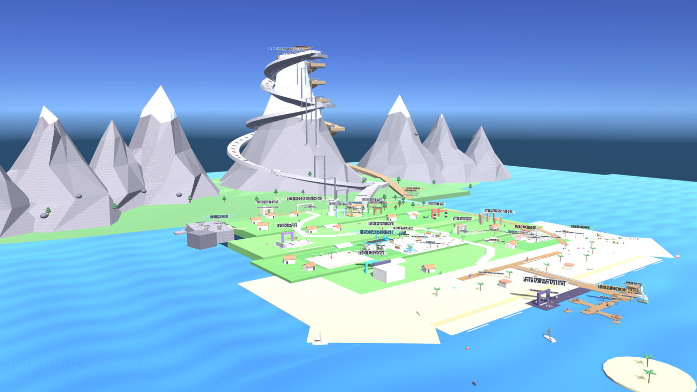 The whole resort island from above the water: villas and a plaza spread over a green terrace, roads winding down to a pier, a range of hard-faceted grey peaks behind, open sea on the far side.