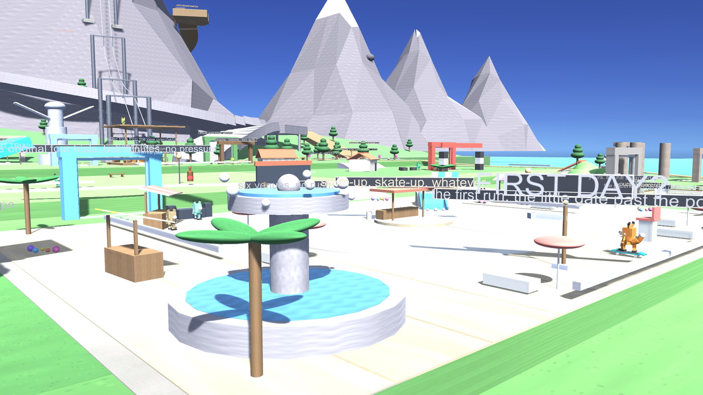 The marketplace plaza at the centre of the resort: awnings and stalls around an open paved square, terraced buildings rising behind it.