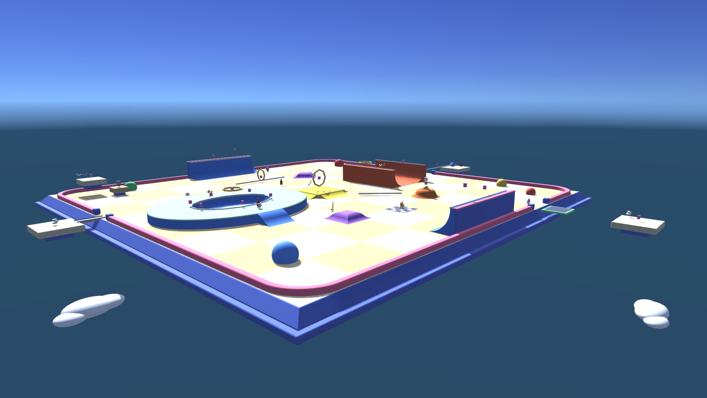 A floating sky park: an oval bowl with a coping ring, a halfpipe and curved quarter-pipes, all suspended over open sky.